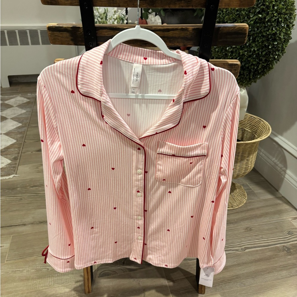Women's Pink Striped Pajama Top with Red Hearts - Size Small (NWT)